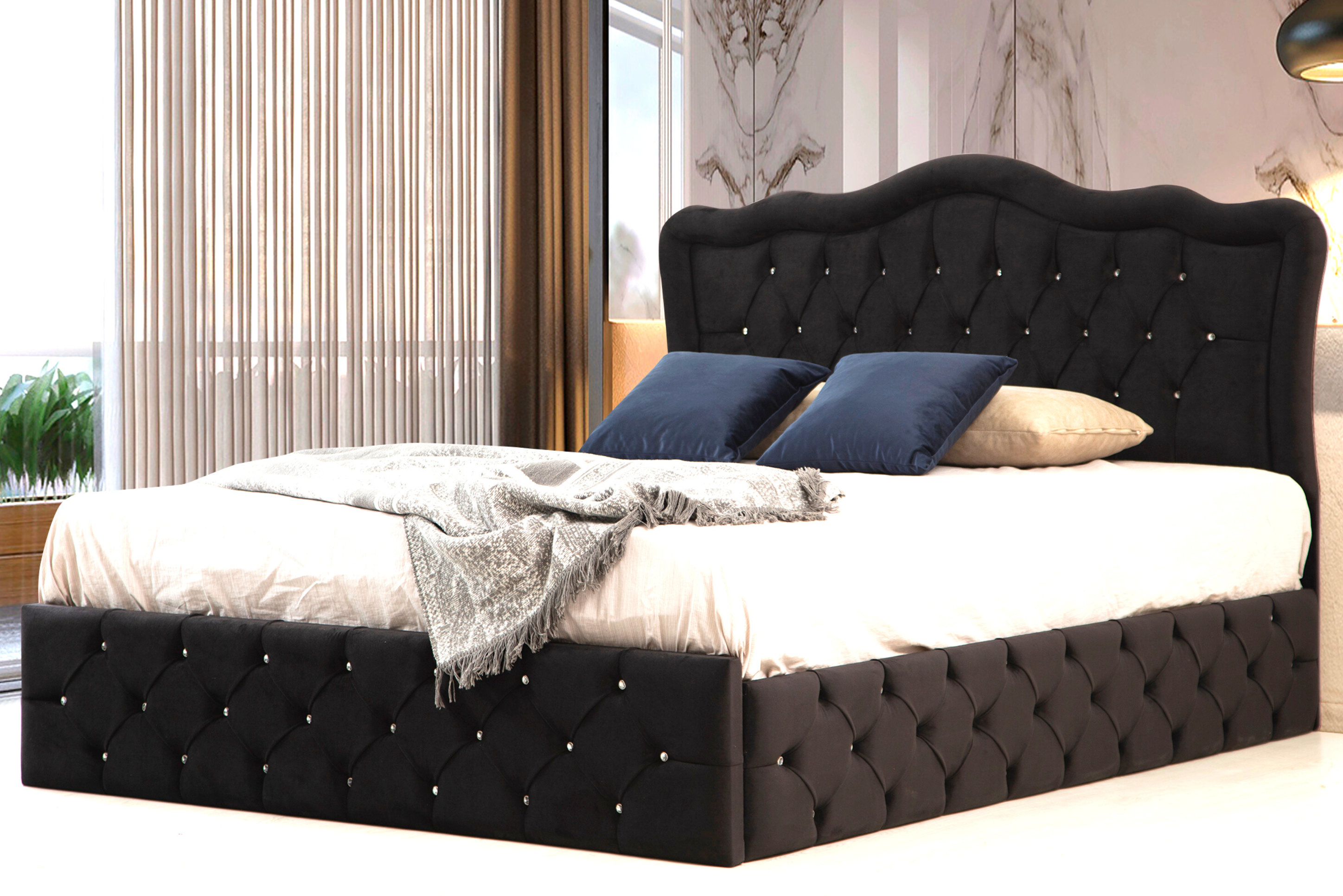 Cadre De Lit VENISE NOIR - Velours capitonné strass