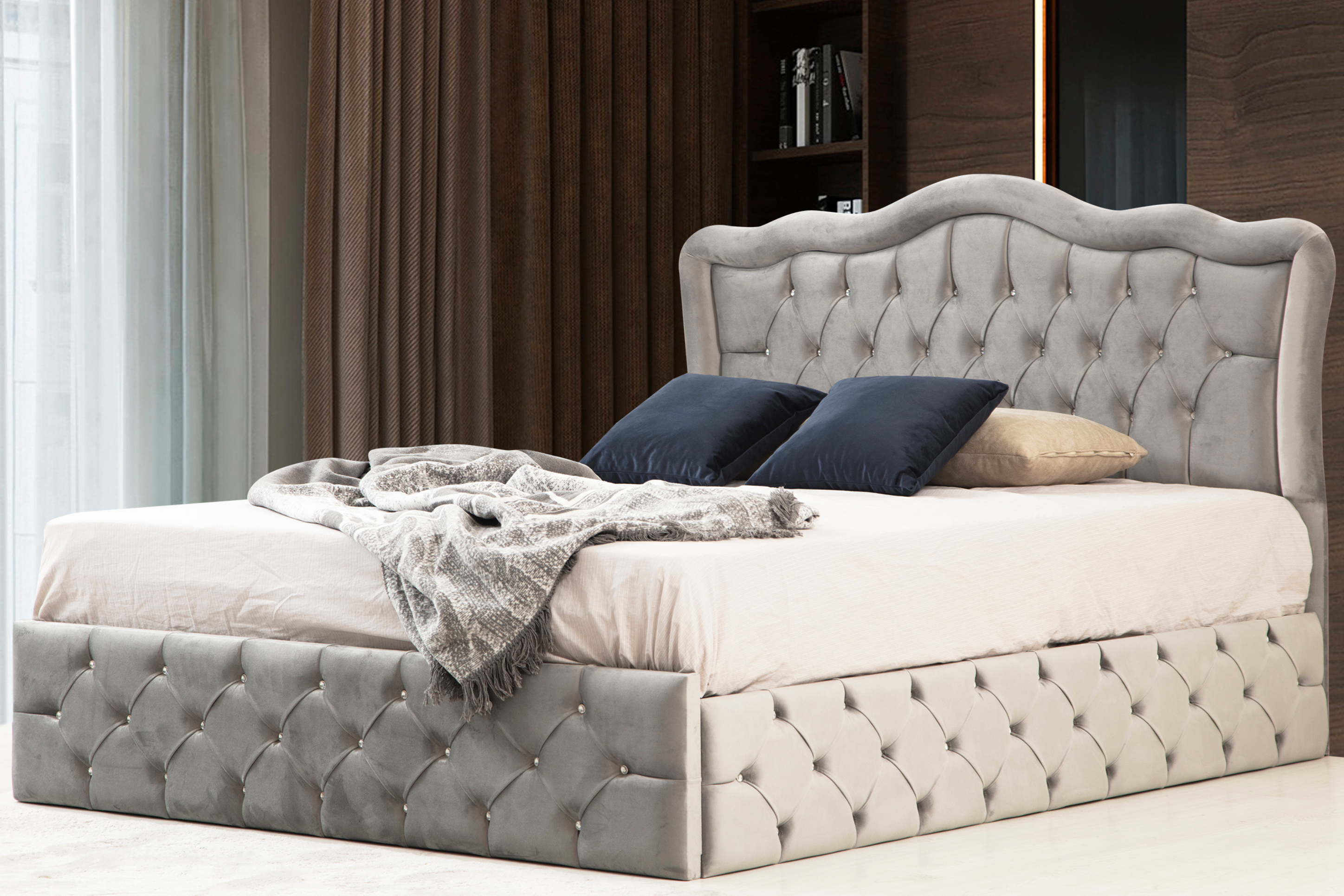 Cadre De Lit VENISE GRIS - Velours capitonné strass