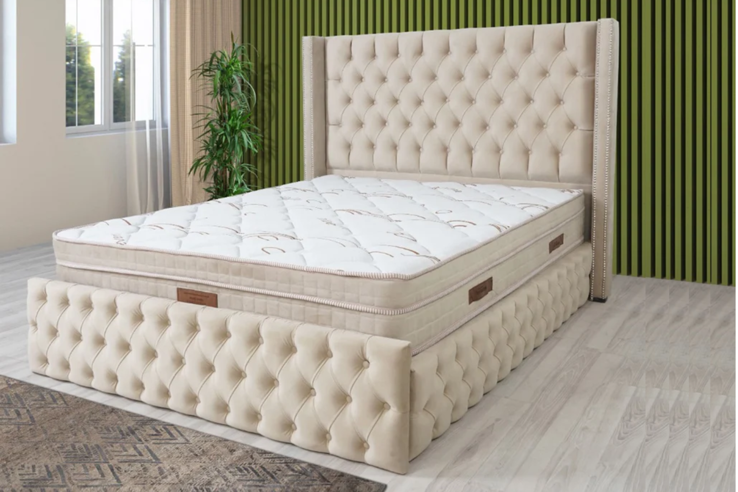 Cadre De Lit CLOUTE BEIGE - Velours capitonné