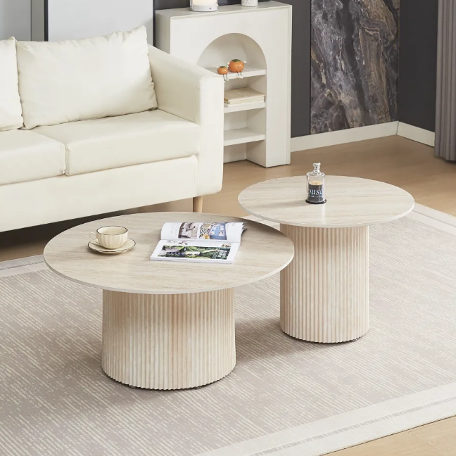 Table basse Duo travertin Céramique brillant Pied Noyer ou travertin