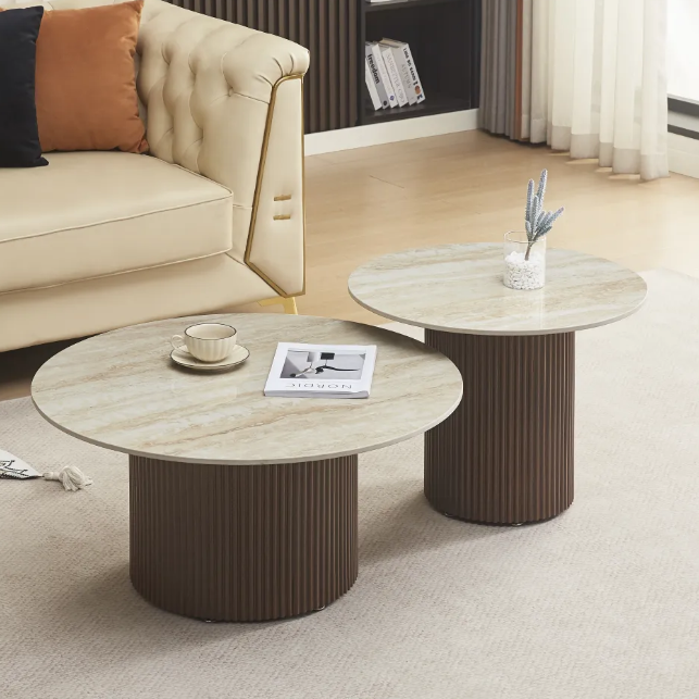 Table basse Duo travertin Céramique brillant Pied Noyer ou travertin