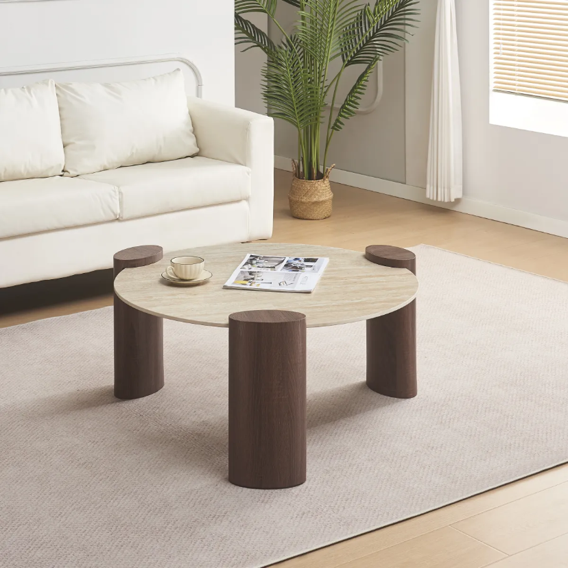 Table basse TRIQUETRA céramique effet travertin  90cm