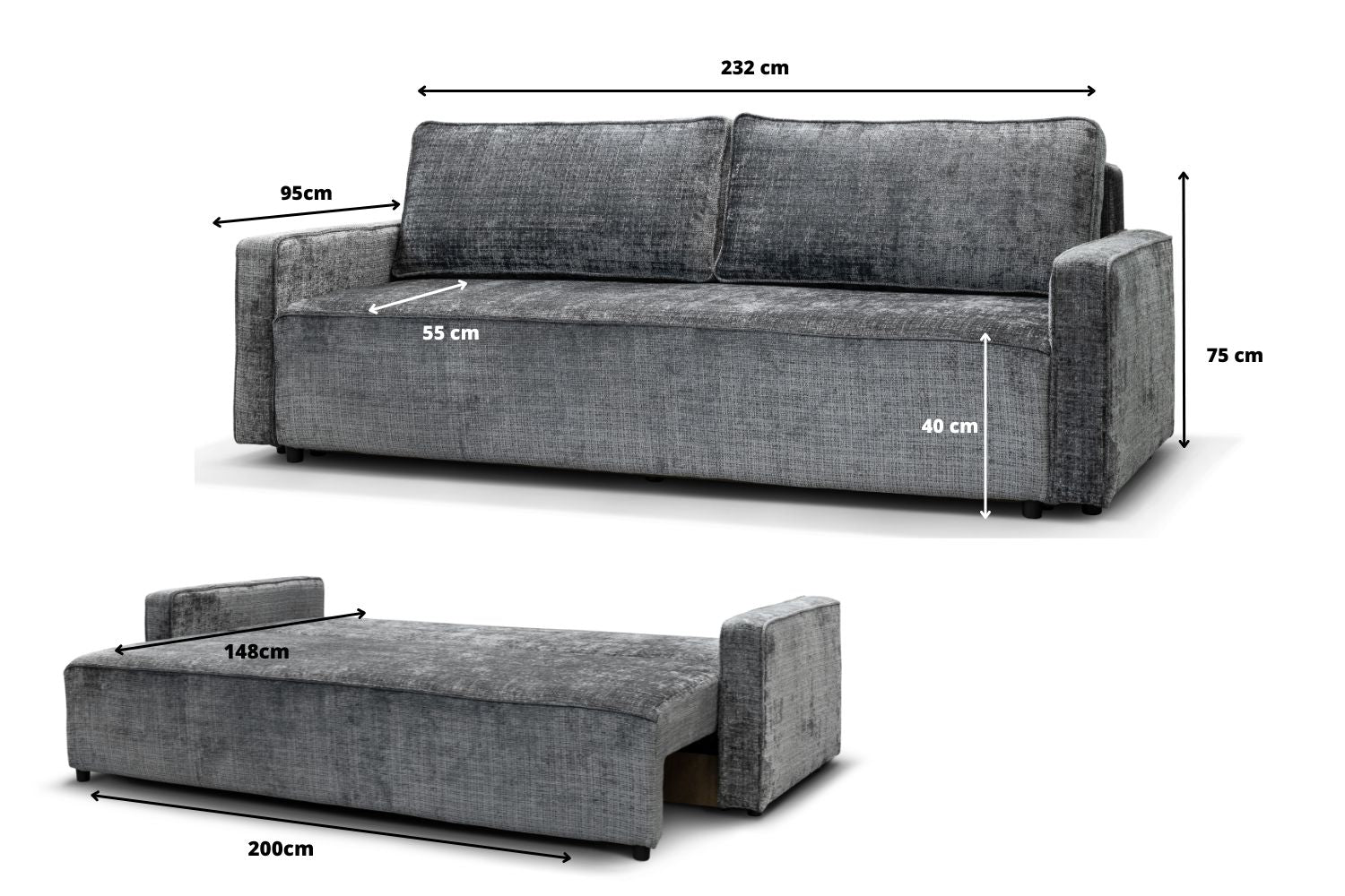 Canapé 3 Places Convertible NICOLE Marbella Gris Anthracite