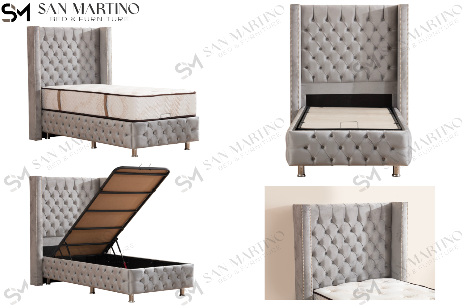 Lit Coffre Enfant CLOUTE Velours Gris