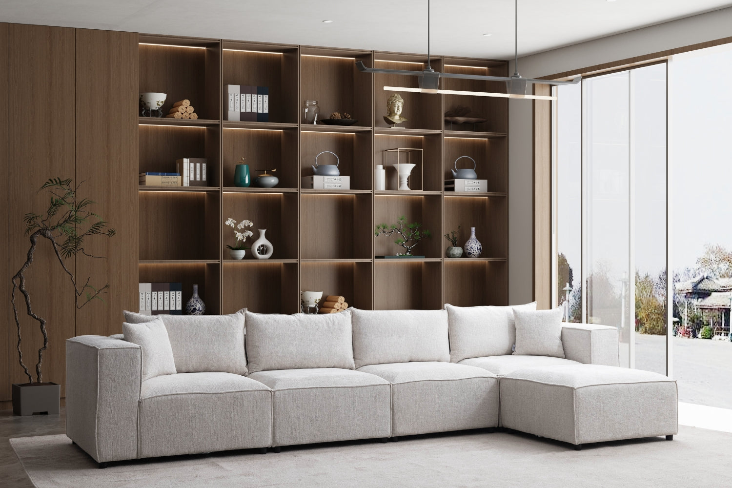 Canapé ELEGANCE Chenille Modulable Blanc Cassé 4+1 Pouf