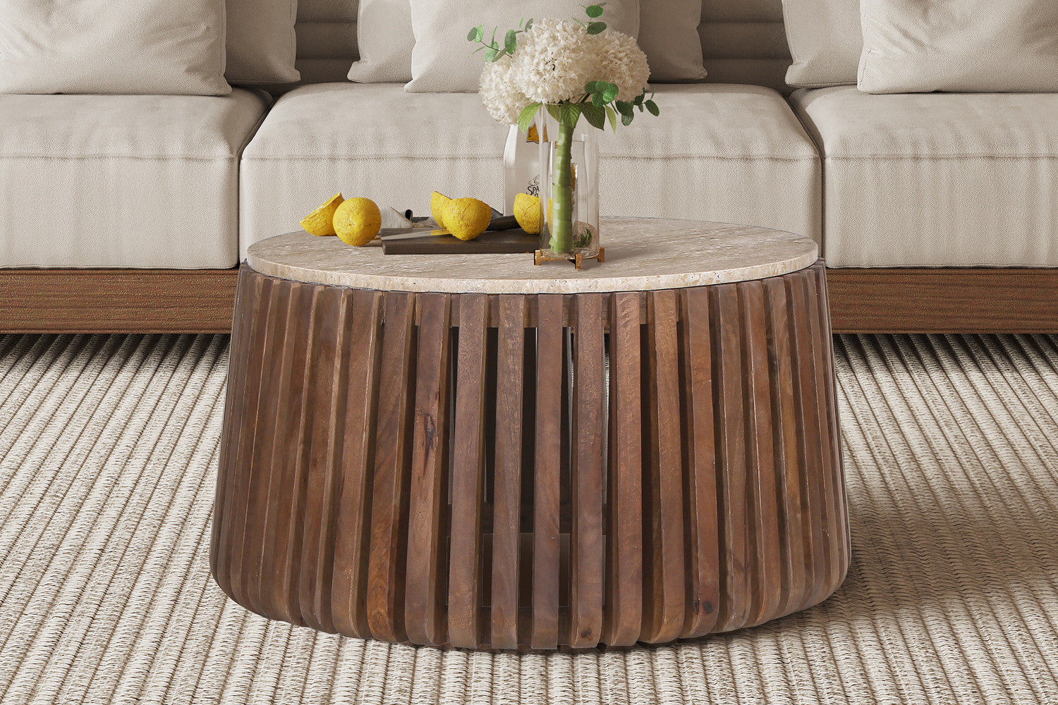 Table basse 'Luuk' 70 cm Bois de manguier avec Travertin Rond Beige