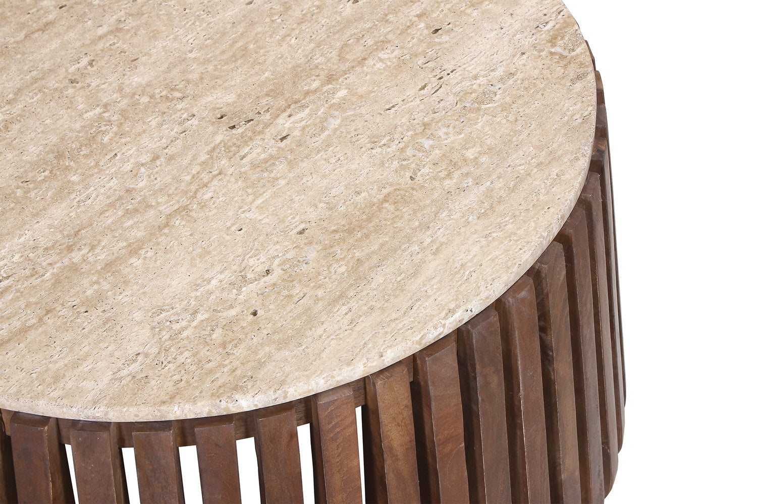 Table basse 'Luuk' 70 cm Bois de manguier avec Travertin Rond Beige
