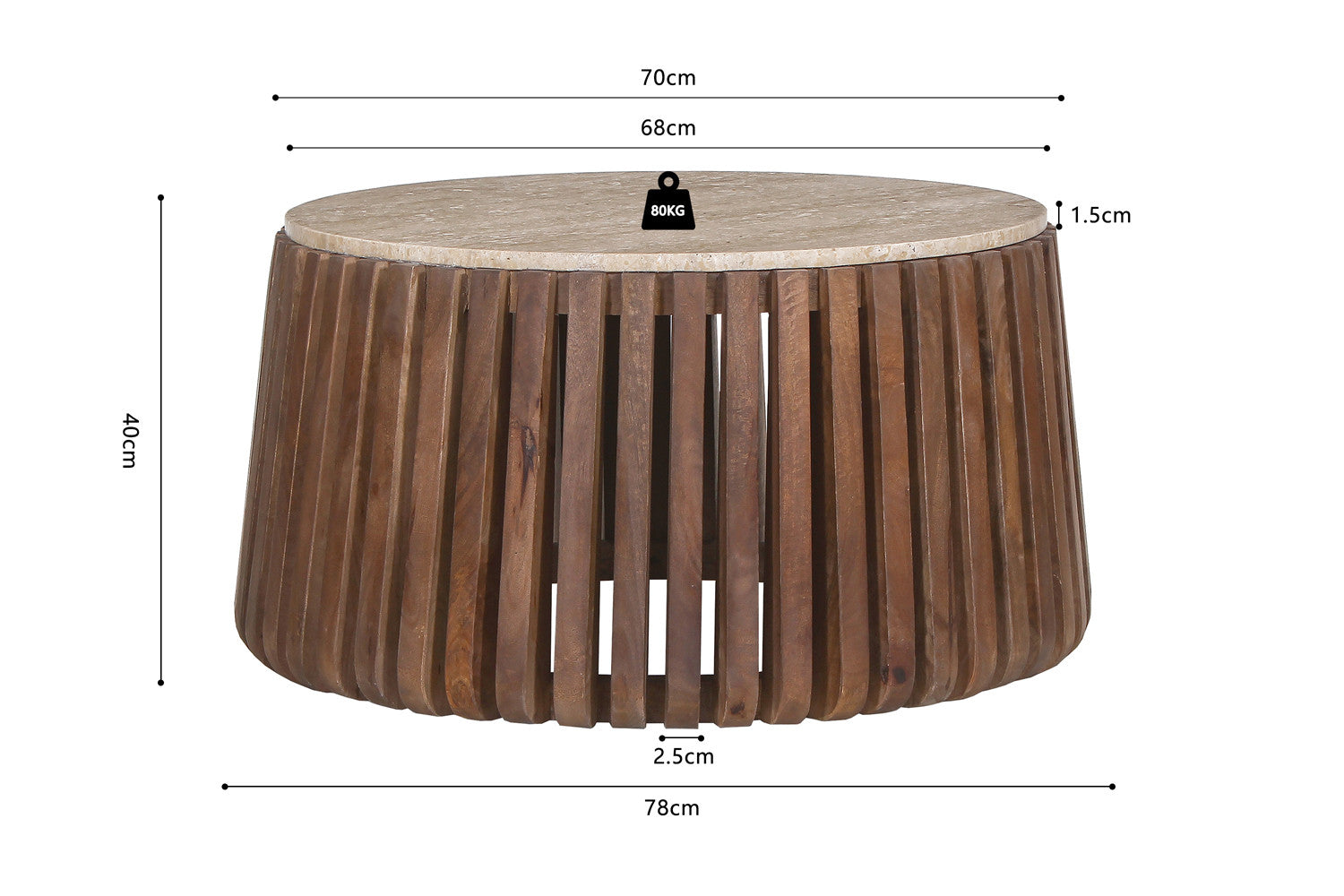 Table basse 'Luuk' 70 cm Bois de manguier avec Travertin Rond Beige