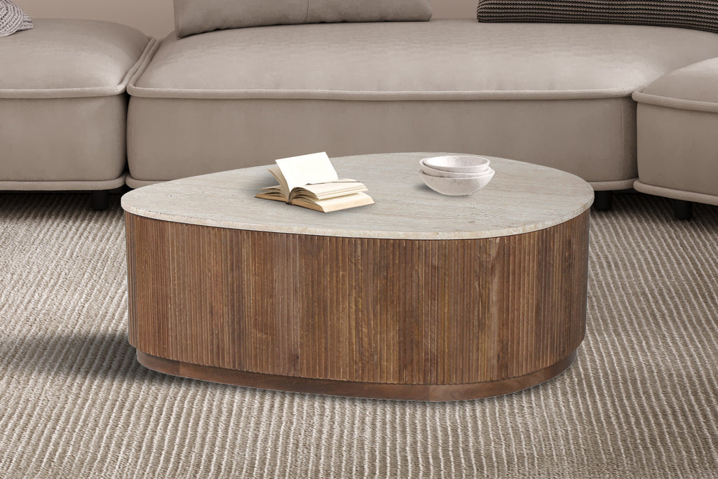 Table basse 'Nolan' 100 cm Bois de manguier avec Travertin Beige