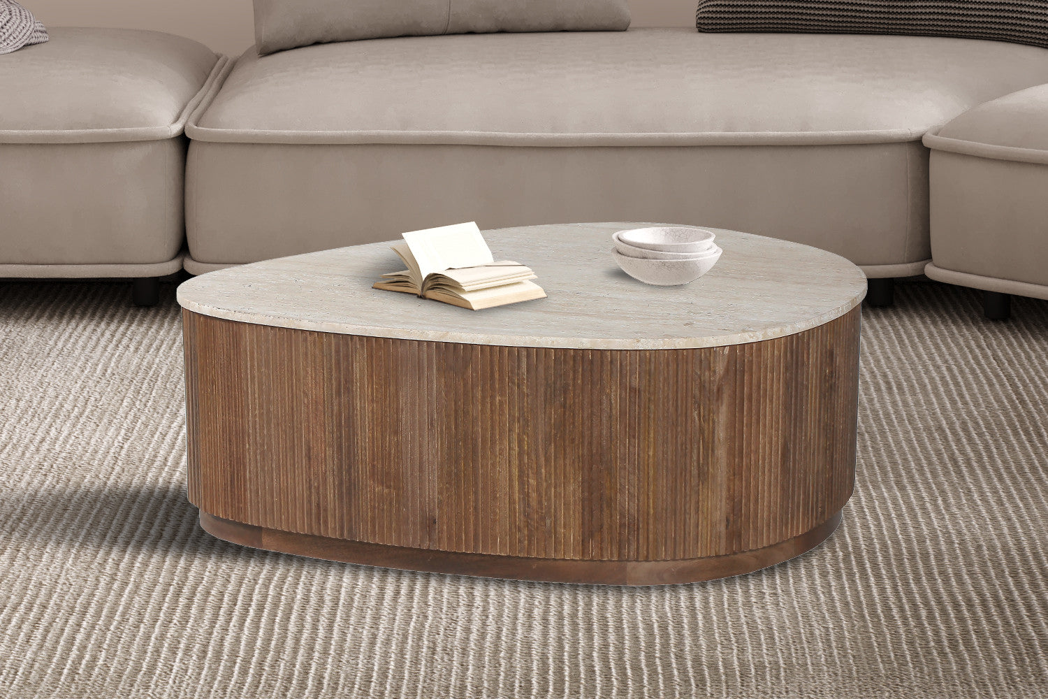 Table basse 'Nolan' 100 cm Bois de manguier avec Travertin Beige