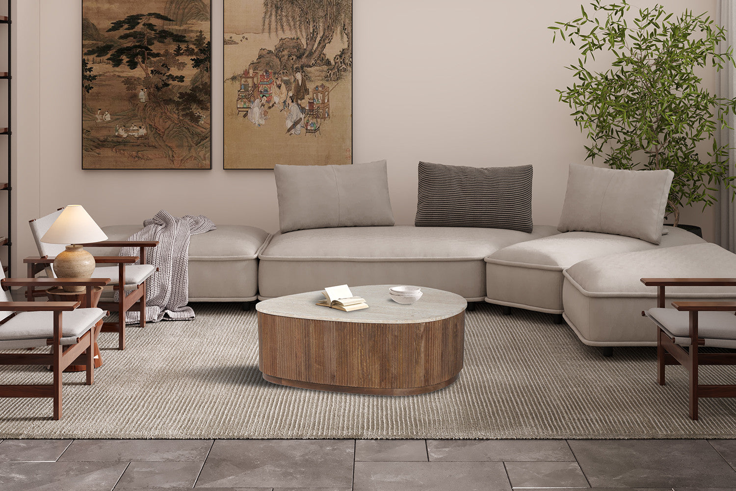 Table basse 'Nolan' 100 cm Bois de manguier avec Travertin Beige